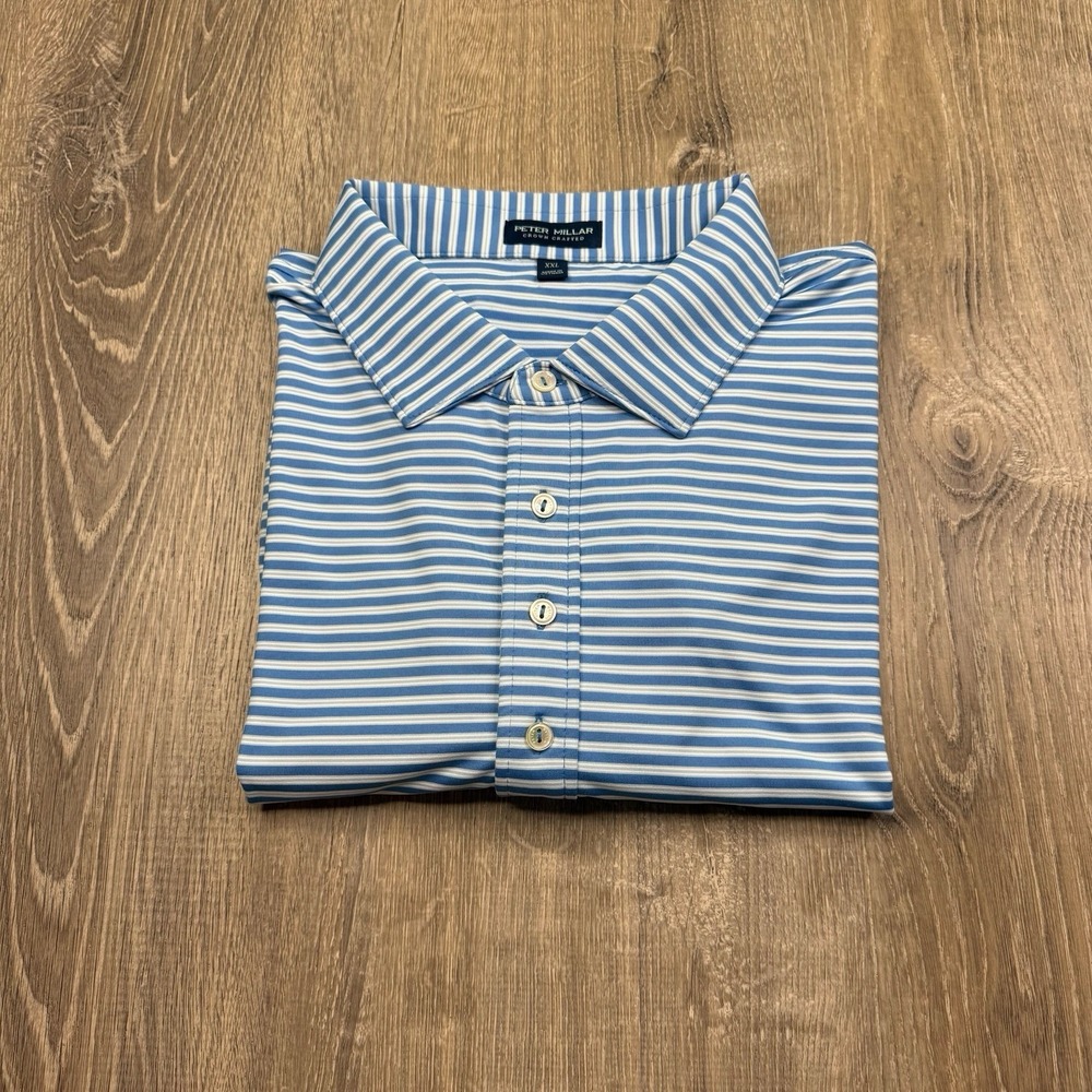 Peter Millar Crown Crafted Golf Polo Shirt Blue White Striped Mens Size XXL